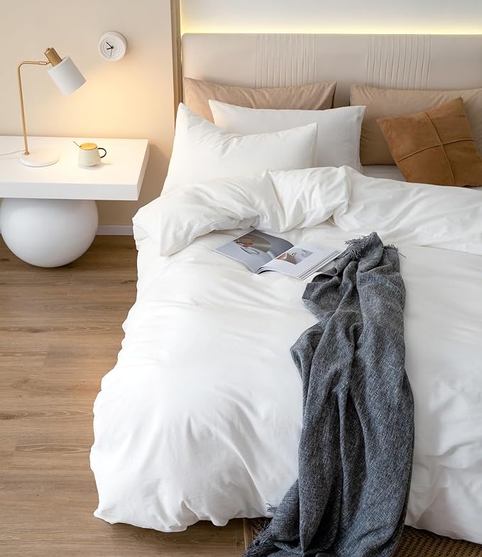 JIYUAN 100% Washed Cotton Duvet Cover Set 3 Pieces Alaska King, 1 Duvet Cover 132x120 Inches(Comforter Not Included) and 2 Pillowcases,Linen Feel Bedding Set Comfy and Breathable,Bright White