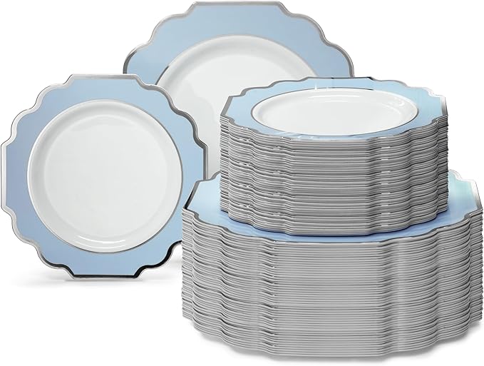 " OCCASIONS " 240 Plates Pack (120 Guests) Heavyweight Wedding Party Disposable Plastic Plates Set -120 x 10.5'' Dinner + 120 x 8'' Salad/Dessert Plate (Imperial in White/Blue & Silver)
