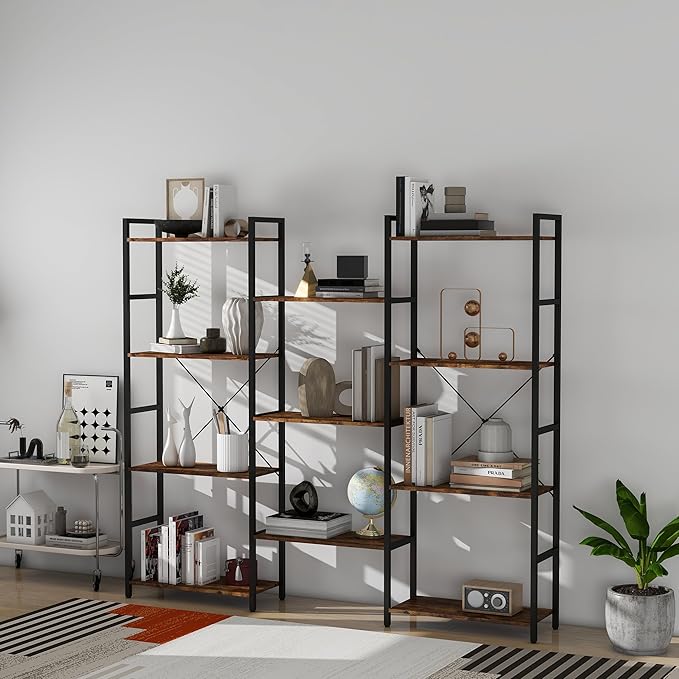 Panana Triple 4/5/6 Tier Bookshelf, Industrial Bookcase with 11/14/17 Open Display Shelves Wide Book Shelf Book Case with Metal Frame for Living Room Home Office (Brown, 4 Tier)