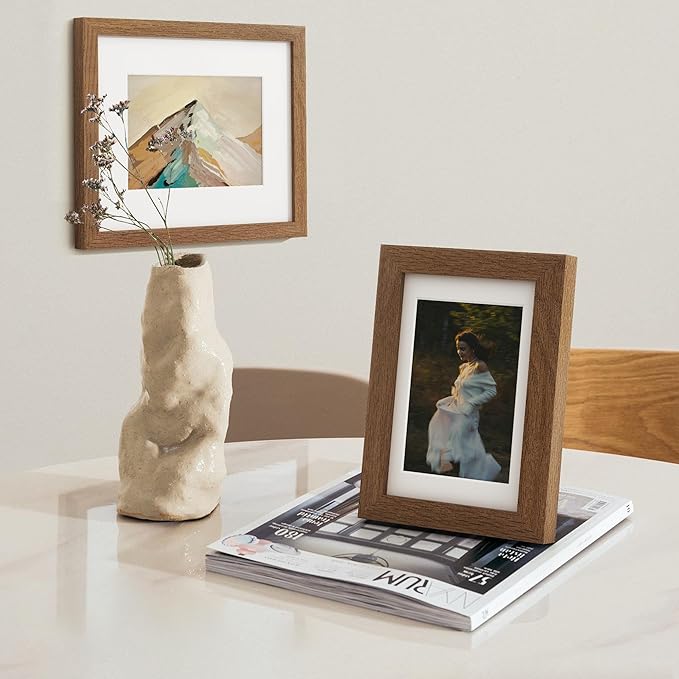 Axeman Solid Oak Wood 4x6 Picture Frame With Mat for 3.5x5 - Hanging Hardware Included, Walnut, 3 PCs