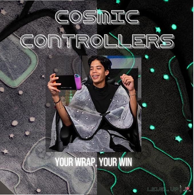 LEVEL UP WRAP® – Glow-in-The-Dark Gaming Chair Blanket with Hood | Cozy, Oversized Fit | Secure Attachment | Easy-Wash, Eco-Friendly Fleece | Gamer Gift | Pattern: Cosmic Controllers