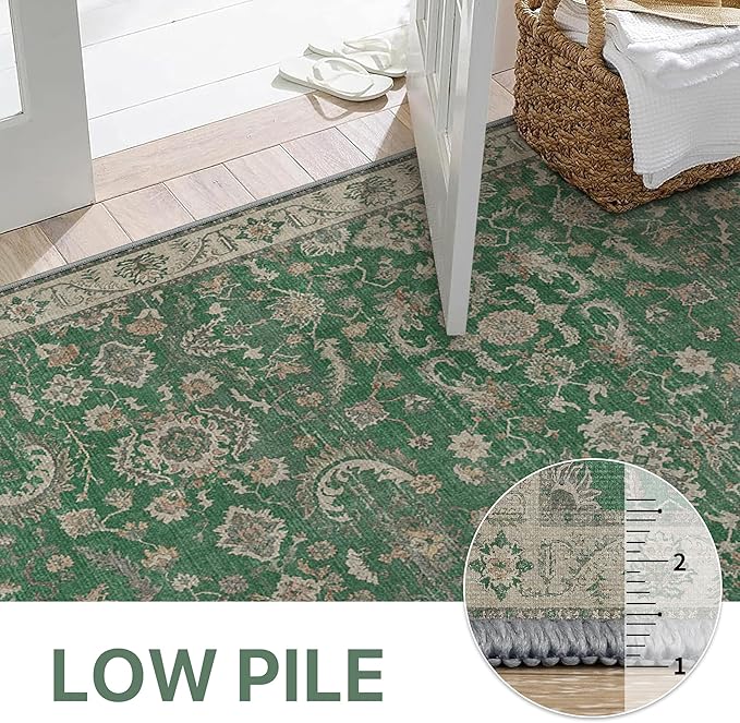 GENIMO Washable Area Rugs for Living Room Bedroom, 8x10 Boho Vintage Non Slip Rug, Low Pile Soft Floral Indoor Floor Carpet Cover for Dining Room Kitchen, Khaki Green