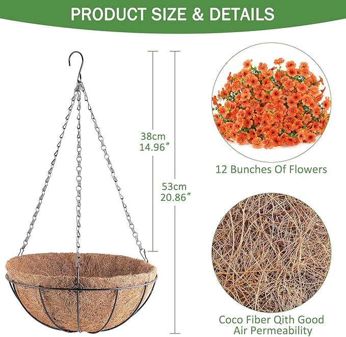 Artificial Fall Flowers Hanging Plants in Basket, Artificial Hanging Flowers for Autumn Outdoor Indoor Decor, UV Resistant Hanging Baskets with Fake Flowers for Fall Patio Garden Porch Deck Decoration