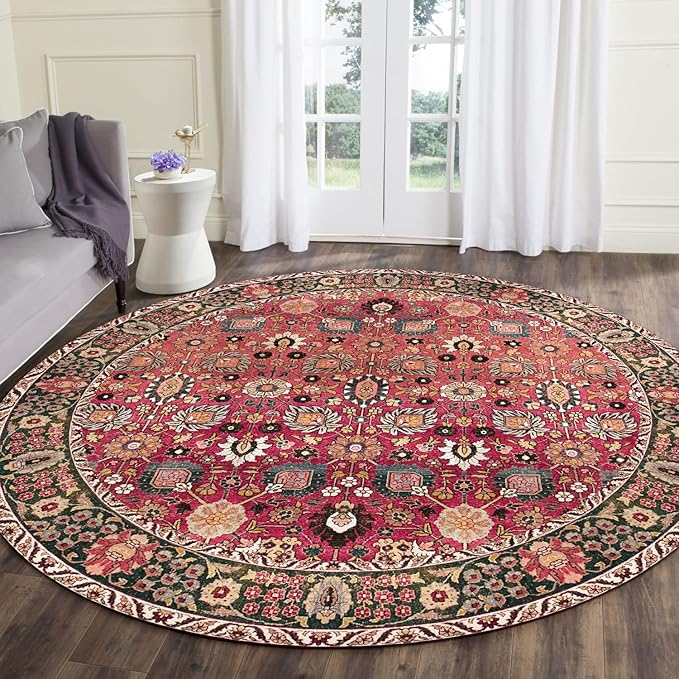vivorug Round Rug 4ft Vintage Round Area Rug Non-Slip Indoor Carpet for Living Room Bedroom Entryway, Stain Resistant Home Decor Circle Rug, Cherry Red/Spice