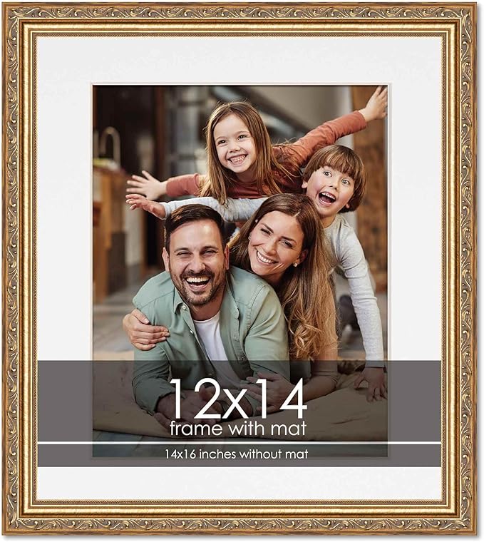 12x14 Frame with Mat - Antique Gold 14x16 Frame Wood Made to Display Print or Poster Measuring 12 x 14 Inches with White Photo Mat