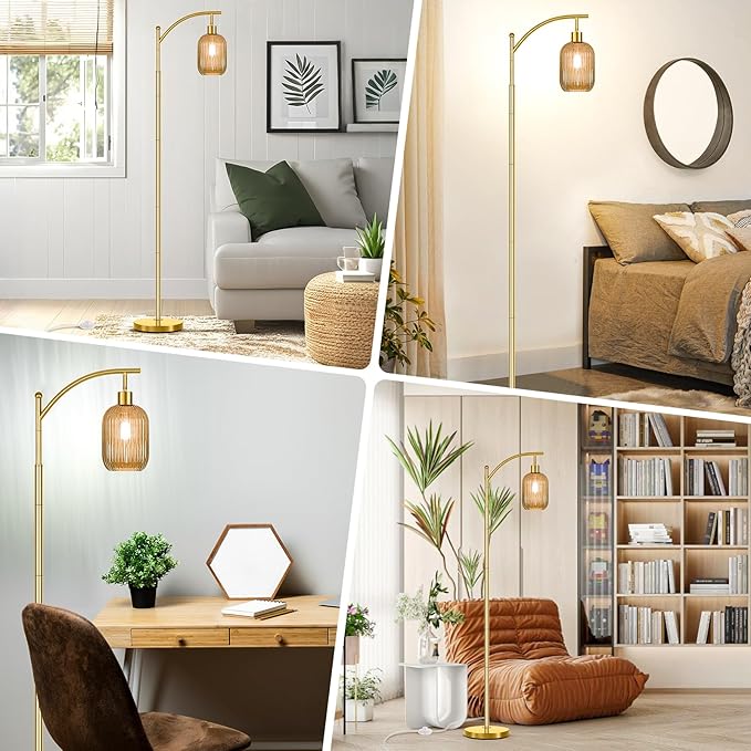 Glass Floor Lamp for Living Room, Modern Gold Standing Lamp with Ribbed Glass Lampshade Pedal Switch, 67” Tall Lamp for Bedroom Study Room