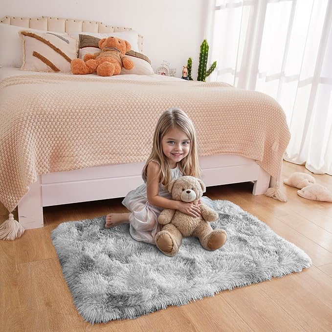Small Bedside Rug, 2x3 Non Slip Fluffy Shaggy Entryway Throw Rugs for Bedroom Living Room, Indoor Floor Carpet for Kids Girls and Boys, Nursery Rooms Mat, Home Decor Aesthetic, Tie Dyed Grey