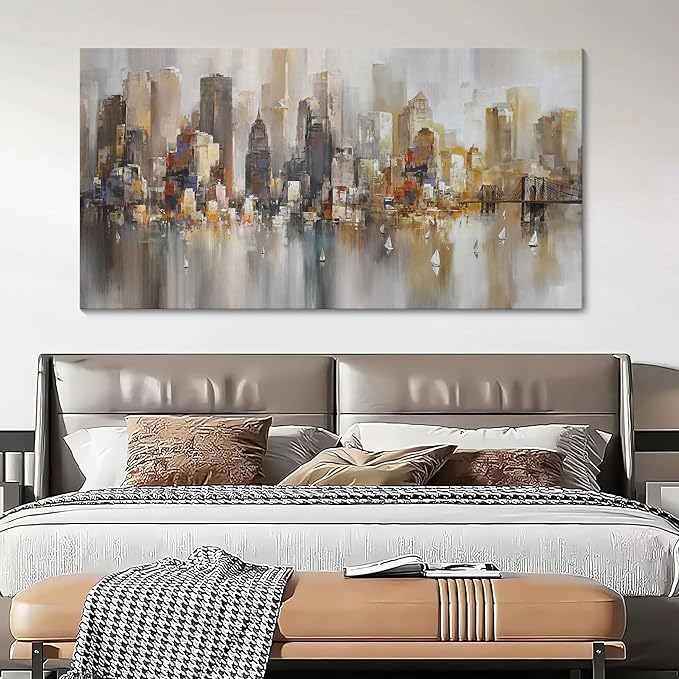 New York City Wall Art - Modern Abstract Wall Art for Living Room, Office & Bedroom Cityscape & Paintings for Bedroom brooklyn bridge Wall Art Pictures Wall Decor Chicago Artwork for Walls 29×58IN