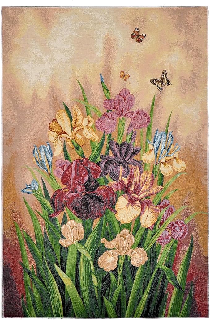 Vintage Floral Tapestry Wall Hanging Set with Telescopic Rod & Tassels - Jacquard Woven Fabric Aesthetic Flower Wall Tapestries for Bedroom/Living Room Decor Spring Botanical Art (27"x42") (Multicolored: Iris Bouquet-Finished Edges)