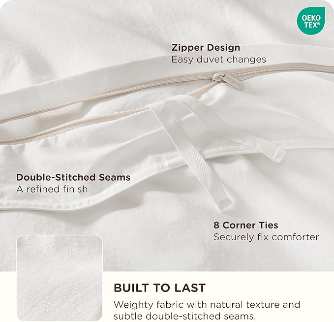 Bedsure Cotton Duvet Cover Full - Luxury Slub Weave 100% Cotton Duvet Cover Set with a Linen Like Textured, Easy Change Durable Bedding Set 3 Pieces, Coconut White, 80" x 90"