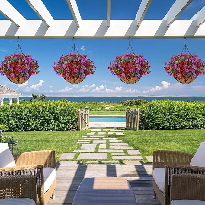 Alynsehom 2 Set Artificial Flowers with Hanging Basket, 2 Outdoor Hanging Plants with 24pcs Faux UV Resistant Fake Silk Azalea in Baskets for Porch Garden Patio Balcony Yard Home Decor (Purple Red)