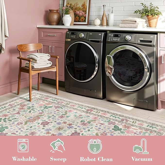 Deerly Floral Area Rugs 5x7 Vintage Boho Washable Non-Slip Living Room Carpet Soft Low Pile Thin Bedroom Floor Mat Indoor for Dining Room Playroom Nursery Farmhouse, Beige/Light Pink/Multi