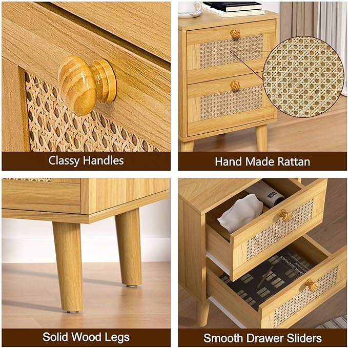 Rattan Nightstand,Boho and Wood Night Stand with Drawers,Bedside Rattan Table and Small nightstand,Natural Wood Nightstand for Bedroom,Oak (Oak)