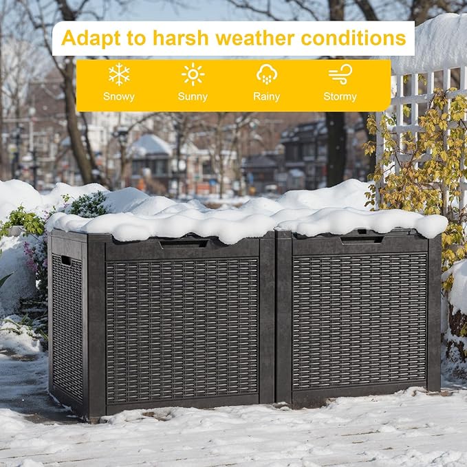 31 Gallon Wicker Pattern Resin Deck Box, Lockable Patio Outdoor Storage Box for Furniture, Garden Tools and Tools Storage, Waterproof Outside Storage Box - Black