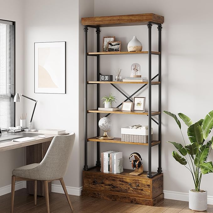 GarveeHome 81.3" Bookshelf with Storage Drawer, Tall Bookcase w/Metal Frame, 5 Tier Vintage Bookshelf Industry Display Storage Shelf for Office Living Room Library Bedroom