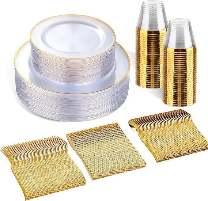 SUT 150 PCS Gold Plastic Plates, Disposable Clear Gold Dinnerware Set with Cups, Includes: 25 Dinner Plates, 25 Dessert plates, 25 Cutlery, 25 Cups, Prefect for Party, Wedding & Shower