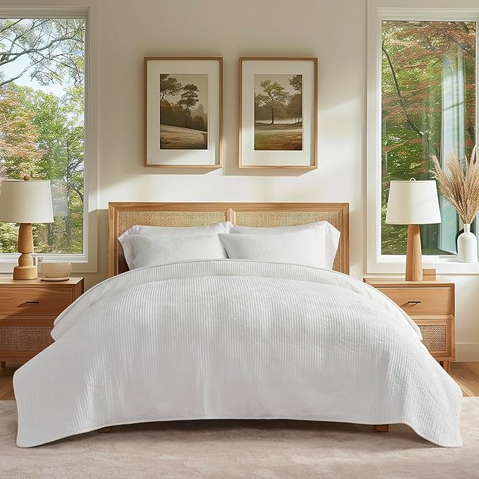 EVERGRACE Velvet Quilt Set Queen Size, Luxurious Soft Quilted Bedding Sets, Lightweight Velvet Comforter for All Season, Striped Channel Bedspread Coverlet with 2 Shams, Bright White