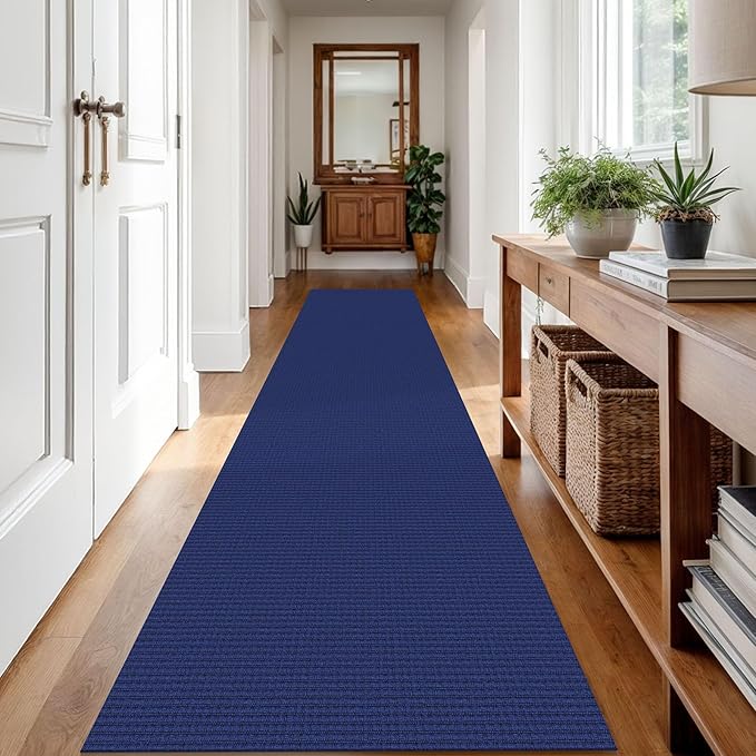 IOHOUZE Washable Runner Rug 2.6x12 Non Slip Extra Long Hallway Runner Entryway Runner Indoor, Kitchen Rugs Woven Cotton Floor Carpet for Hall Entrance Stair, Royal Blue/Navy