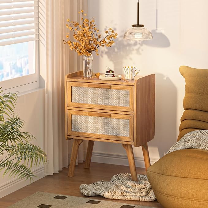 Lerliuo Rattan Nightstand, Boho Night Stand with 2 Drawers, Cane Accent Side End Table, Bedside Table with Solid Wood Legs for Bedroom, Dorm and Small Spaces (Tea Brown)