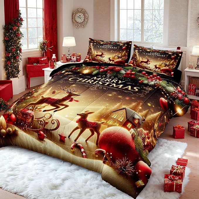 Bedrom Merry Christmas Bedding Comforter Black Gold Comforter Queen Snowflake Winter Xmas Theme Cute Deer Christmas Tree Bedroom Comforter Set