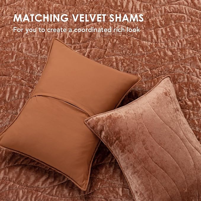 EVERGRACE Luxury Velvet Quilt Queen Size, Ultra Soft Wave Crushed Velvet Bedding Set, Lightweight Quilted Comforter Set for All Season, Oversized Bedspread Coverlet with 2 Shams, Burnt Orange