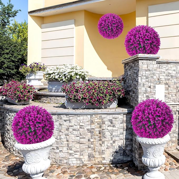 2 PCS 16 Inch Artificial Plant Purple Topiary Ball, Anti-Fading Faux Decorative Boxwood Balls, Hanging Fake Plants Balls for Garden, Wedding Party, Patio Indoor Outdoor Decor (Red)