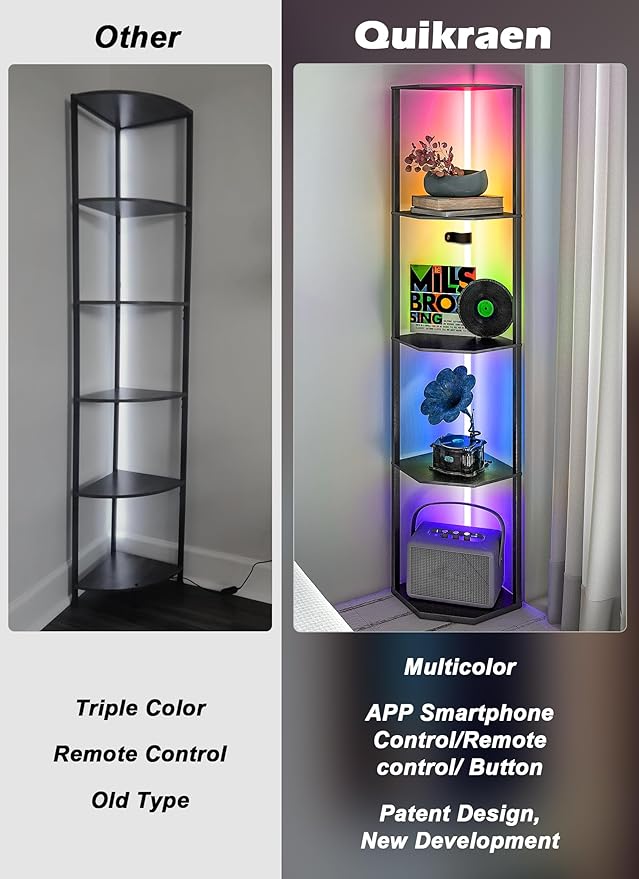 Smart Corner Shelf with Light 5-Tier Display Shelf & Floor Lamp w/ APP & Remote Control RGB LED Display Curio Case for Collectibles Dimmable Space-Saving Corner Shelves for Living Room Bedroom Decor