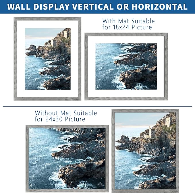 24x30 Frame Set of 2, Rustic Grey Wood Style - Display 18x24 Picture Frame with Mat or 24 x 30 Poster without Mat, Wall Mounting Horizontal and Vertical