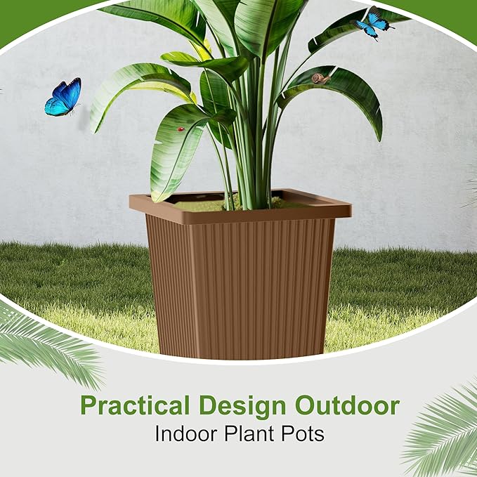 24-Inch Tall Planters Set of 2 for Outdoor and Indoor Use,Tapered Flower Pots with Drainage Tray, Front Porch and Patio Decor,Ideal for Large Plants (Stripes-Brown)
