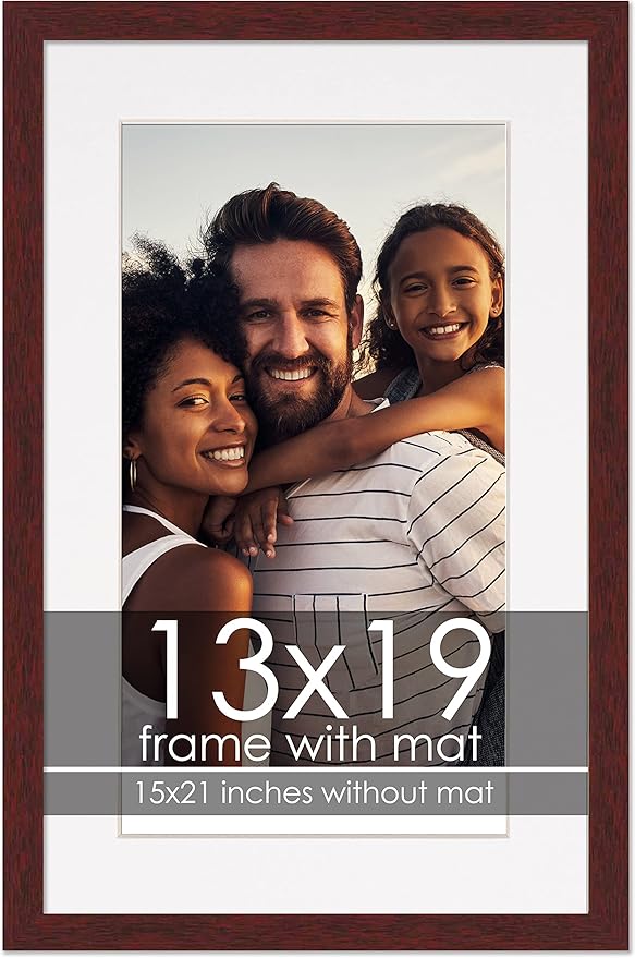 13x19 Frame with Mat - Brown 15x21 Frame Wood Made to Display Print or Poster Measuring 13 x 19 Inches with White Photo Mat