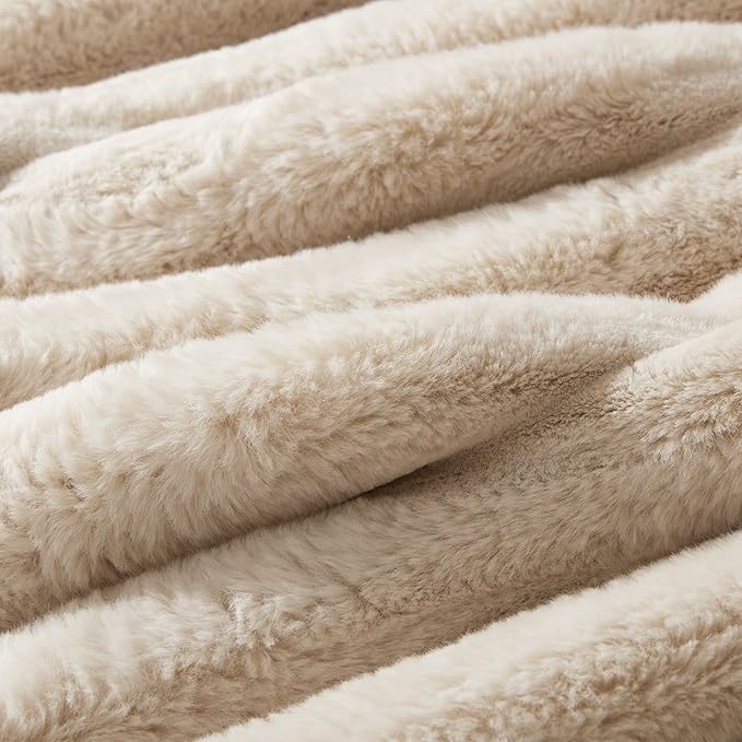 WDCOZY Faux Fur Throw Blanket Striped Super Soft Cozy Fluffy Luxurious Blankets Couch Bed Sofa Chair Home Decor Warm Furry Fall Winter Plush Lightweight Rabbit Fur Bubble Blanket 50" x 60", Beige