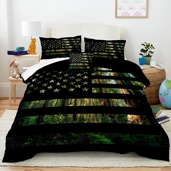 American Flag Comforter Set Queen Size Green Black Bedding Set Stars Stripes Geometric Pattern Green Camouflage Camo Farmhouse Western Bed Comforter Set for Boys Teens