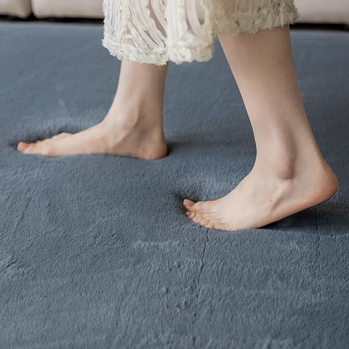 Loartee Faux Rabbit Fur Rug - 1.18" Thick Soft Fluffy Area Rug, Non-Slip Memory Foam Crawling Mat, Dark Gray, 78"x118"