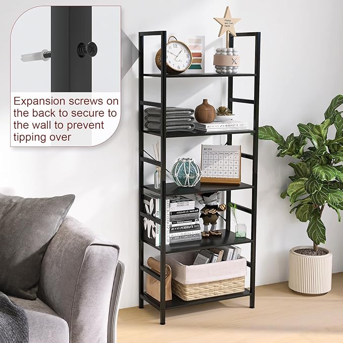 5 Tier Bookshelf Industrial Ladder Shelf Open Display Storage Rack Wood Bookcase with Metal Frame, Freestanding Storage Shelves for Home Office, Living Room, Bedroom, Kitchen (Black, 5-Tier)