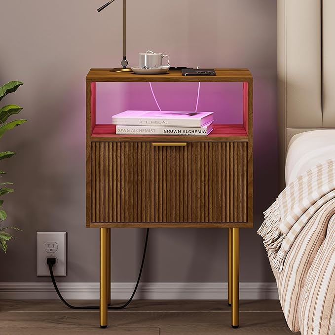 Nightstand with Outlet and Led Light, Bedside Table with Storage Drawer, Fluted Side Table for Living Room, Bedroom