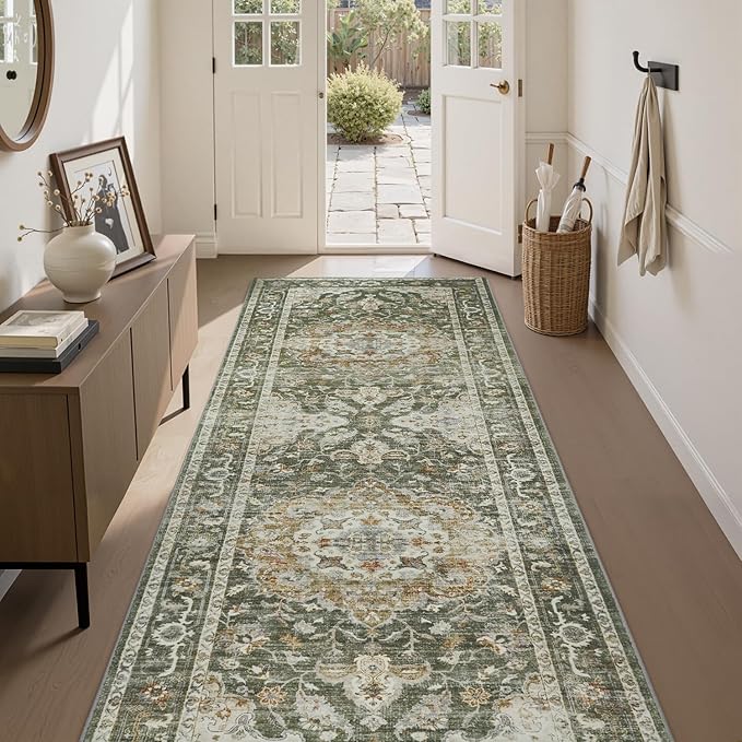 PADOOR-Vintage Runner Rug 2X10 Runners for Hallways-Soft Olive Green Washable Bedside Rugs for Bedroom-Non Slip Long Rug for Hallways Entryway Laundry Room Stair Kitchen Bathroom