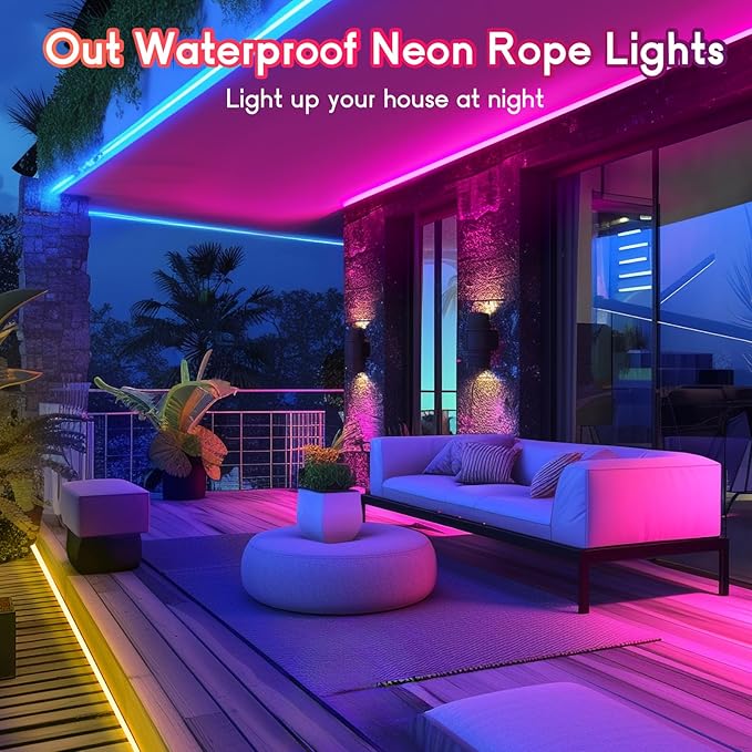 Neon Rope Lights - 32.8Ft Flexible LED Rope Lights,24V RGB Rope Lights Control with App/Remote Multiple Modes,DIY Design, IP65 Waterproof Strip Lights for Bedroom Room Outdoors Decor
