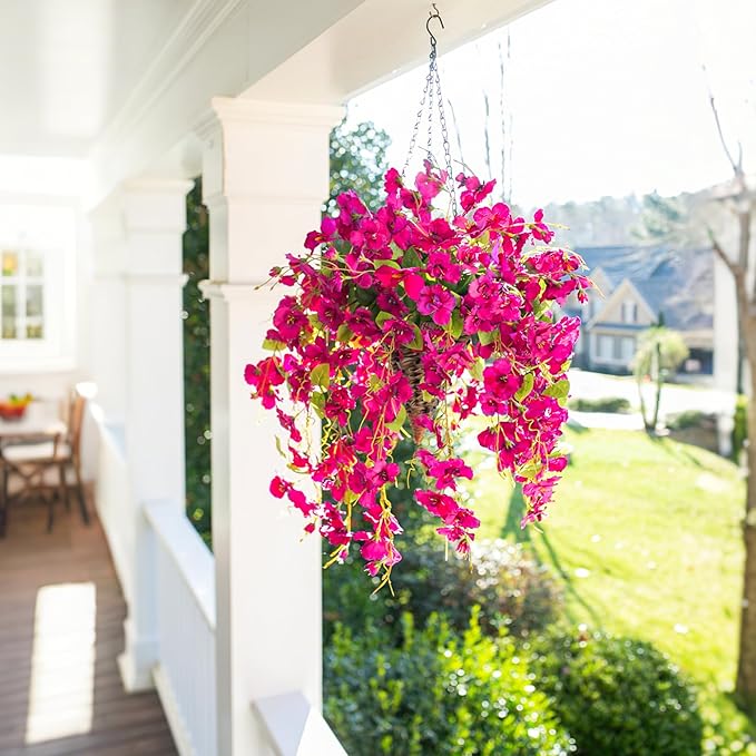 Ivydale Artificial Faux Hanging Flowers Plant Baskets for Outdoors Decoration, Fake Hibiscus UV Resistance Realistic Silk Flower for Outside Home Patio Porch Balcony Garden Wedding, Fuchsia