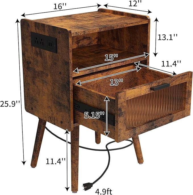 SOOWERY Mid Century Modern Nightstand with Charging Station, Bedside Tables with Acrylic Drawer, End Table Side Table with 2 Tiers Storage Space, for Bedroom, Living Room, Brown