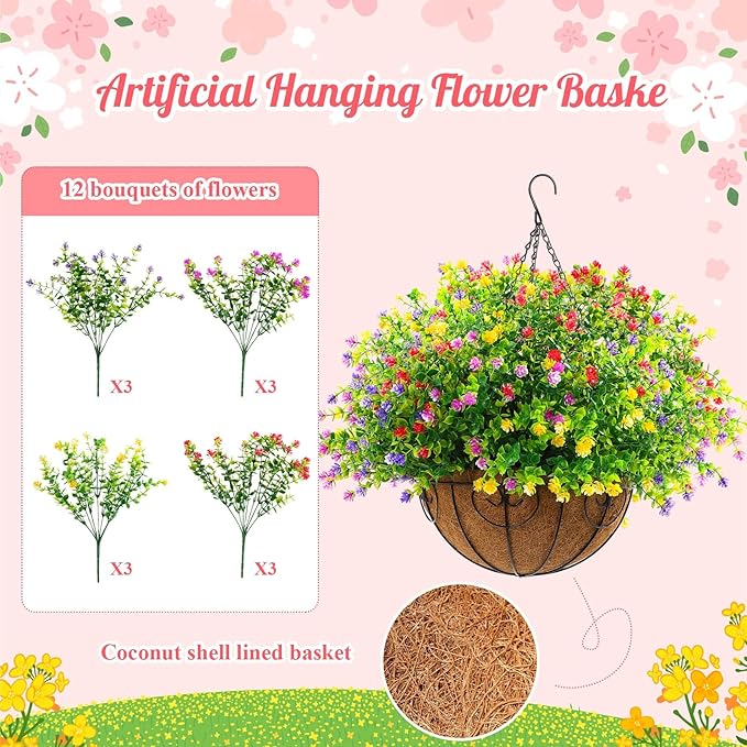 Lyrow 4 Pack Artificial Hanging Flowers with Baskets Outdoors Faux Flowers with 12 Inch Coconut Lining Baskets Realistic Artificial Hanging Plants for Patio Lawn Garden Decor