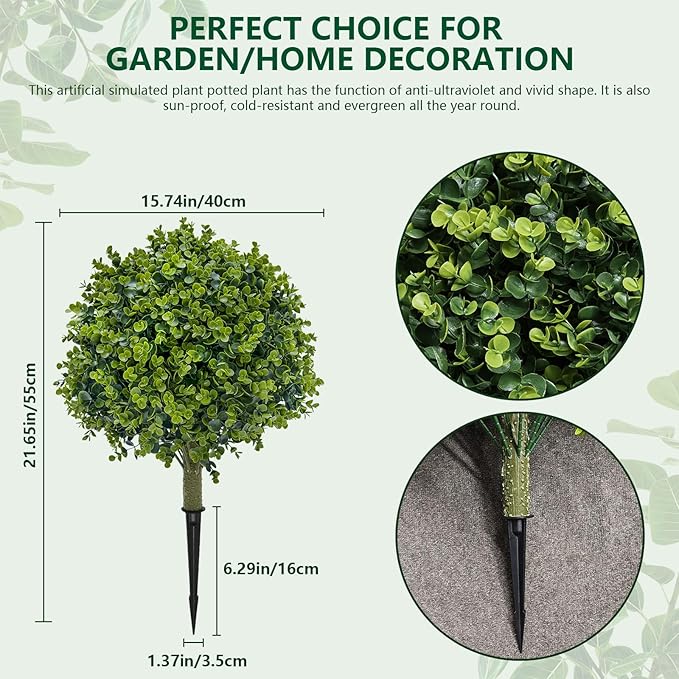 Artificial Shrubs for Outdoors UV Resistant Topiary Trees Set of 2, 21.6'' Fake Bushes Faux Boxwood Balls Greenery with Ground Spikes for Front Porch Decor,Fake Evergreen Tree for Home Decor