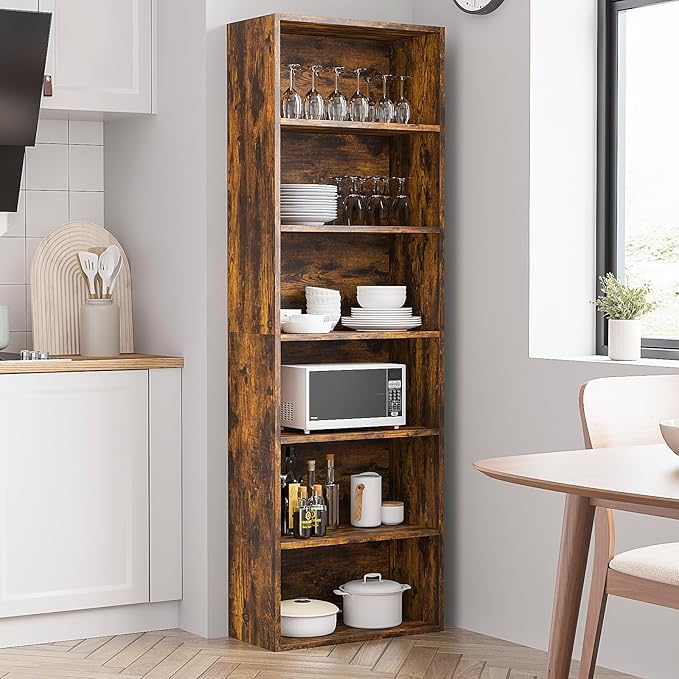6-Tier Book Shelf, Floor Standing Open Bookcase, Wooden Display Storage Shelves with Anti-Tipping Device, 71" Tall Bookshelf for Bedroom, Living Room and Office, Brown