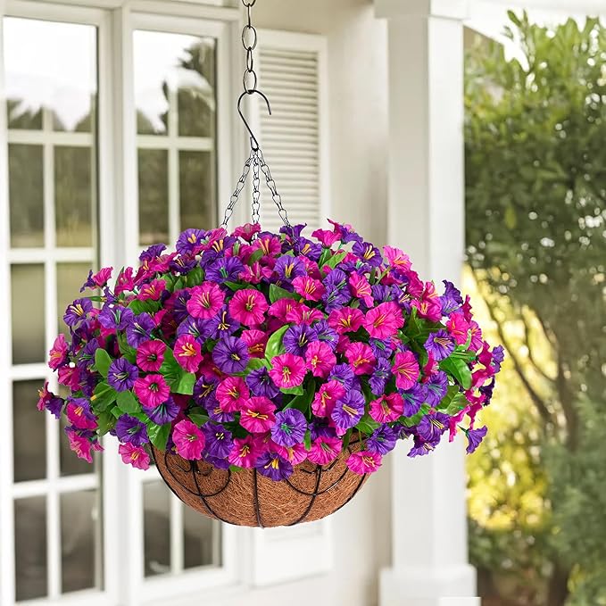 Artificial Fake Hanging Flowers with Basket, Faux Silk Morning Glory Flower Arrangement for Spring Summer Decor, Hanging Plant for Patio Garden Porch Outdoor Decor