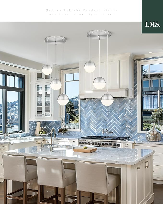 LMS Modern Brushed Nickel 3-Light Cluster Pendant Lights, Mid Century Pendant Lighting with White Globe Glass Shade, Adjustable Hanging Cord Ceiling Light for Home Office Dining Room, LMS-186BN3