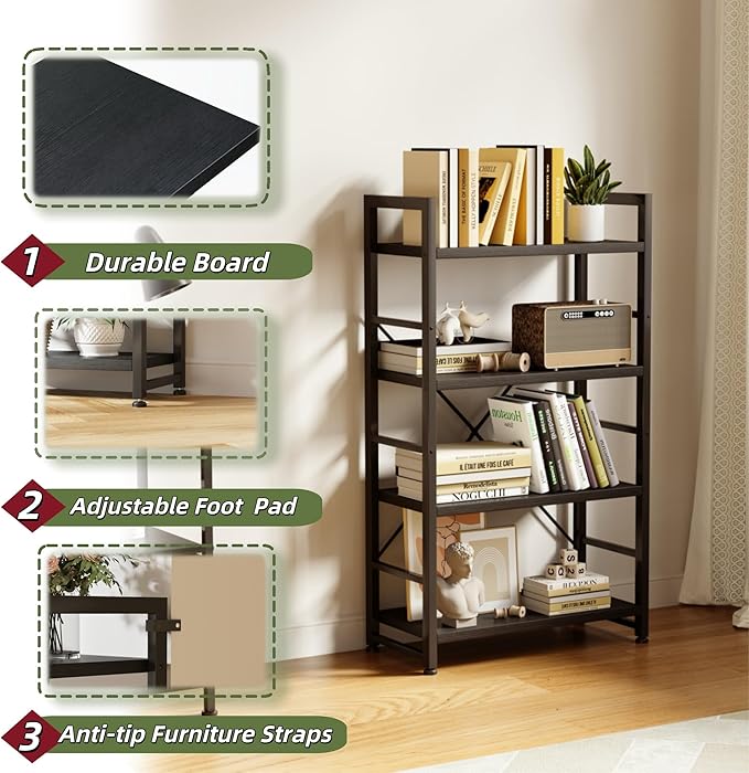 VERMESS Book Shelf Black, 4-Tier 24 inch Bookshelf Shelving Unit, Wood Bookcase with Open Shelves, Industrial Standing Storage Bookshelves Metal Display Rack for Living Room, Bedroom, Home, Office