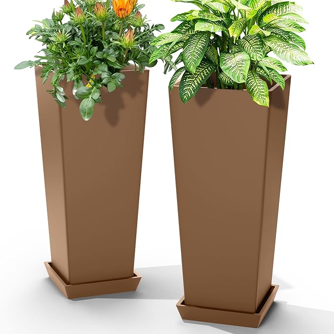 24-Inch Tall Planters Set of 2 for Outdoor and Indoor Use,Tapered Flower Pots with Drainage Tray, Front Porch and Patio Decor,Ideal for Large Plants (Brown)