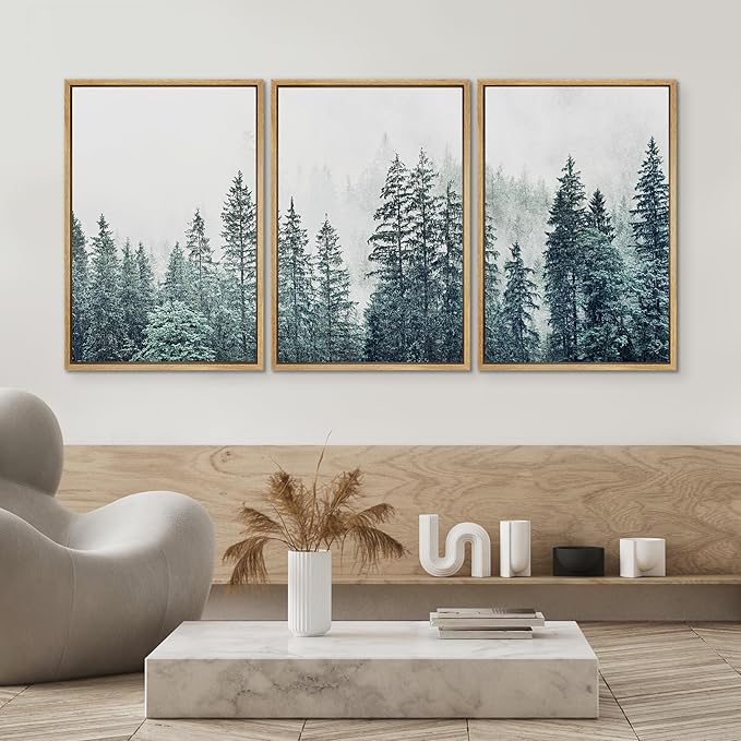 SIGNWIN Framed Canvas Print Wall Art Woodland Nursery Decor Set Film Grain Misty Mountain Pine Trees Nature Wilderness Modern Art Chic Landscape for Living Room, Bedroom, Office - 16"x24"x3 Natural