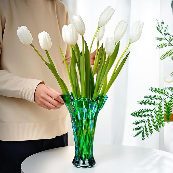 Green Blown Glass Vase for Flowers, 8.5" Wide Mouth Teal Vase for Home Decor, Modern Art Flower Vases Decorative | Table Centerpiece, Wedding, Living Room, Bookshelf, Entryway | Gift for Women Mom