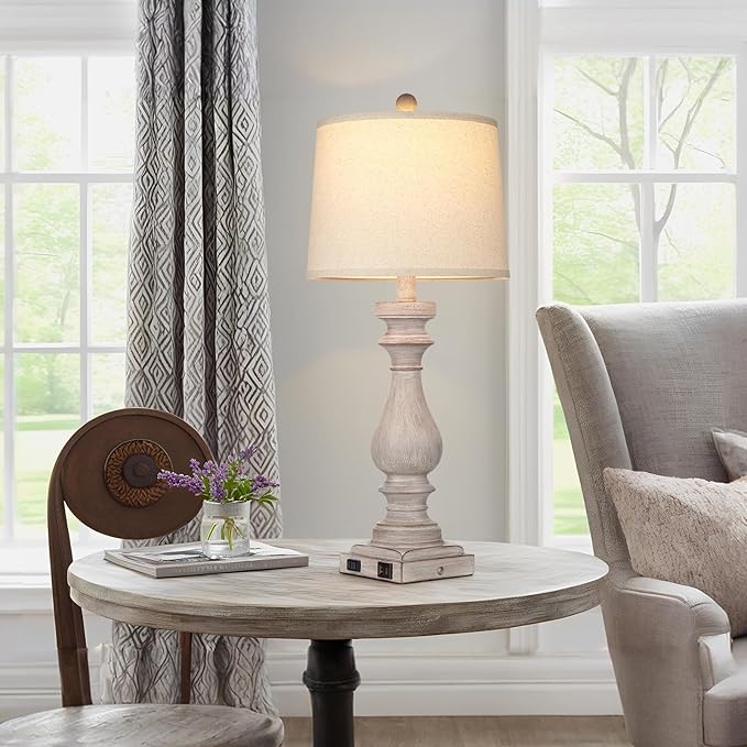 27.5" Farmhouse Table Lamp for Living Room,Vintage Bedside Lamp with USB C+A Ports & AC Outlet,3-Way Dimmable Touch Control Gray Washed Finish Nightstand for Bedroom, Single Gray