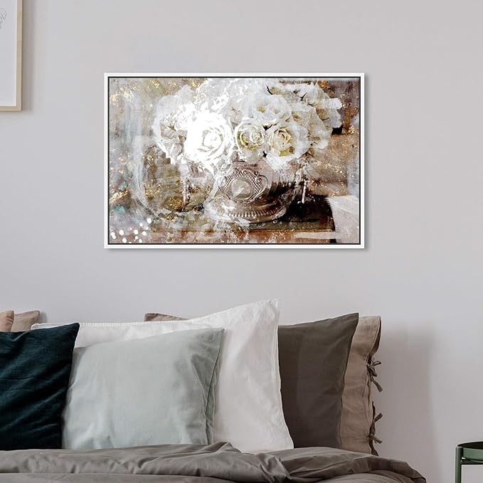 The Oliver Gal Artist Co. Floral and Botanical Framed Wall Art Canvas Prints 'Serving Roses' Florals, White/Gold, 24" x 16"